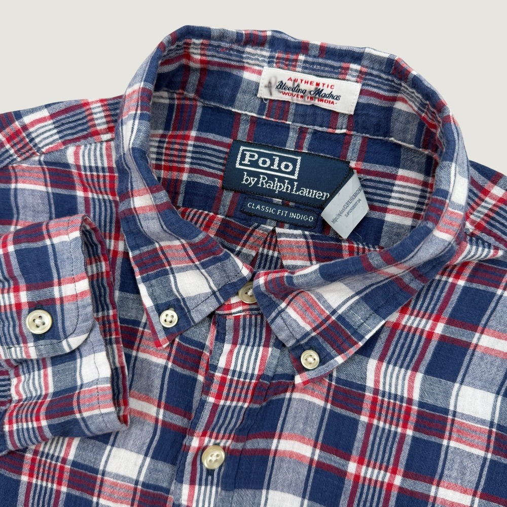 Polo Ralph Lauren Mens Medium Button Down Indigo Plaid Bleeding Madras